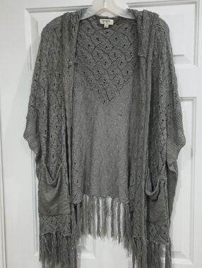 Umgee Gray Open-Knit Fringe Hooded Poncho Cardigan